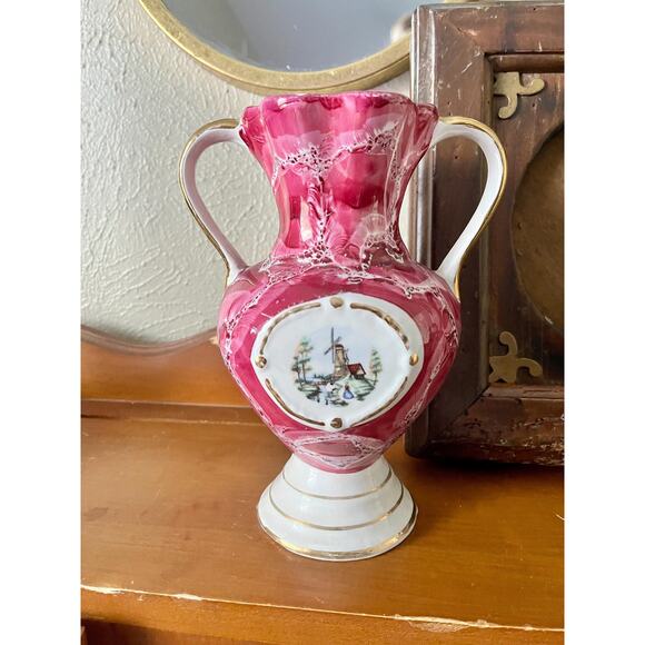 Vintage Rococo Style Italian Vase with Windmill Scene and Gold Trim - Picture 1 of 6